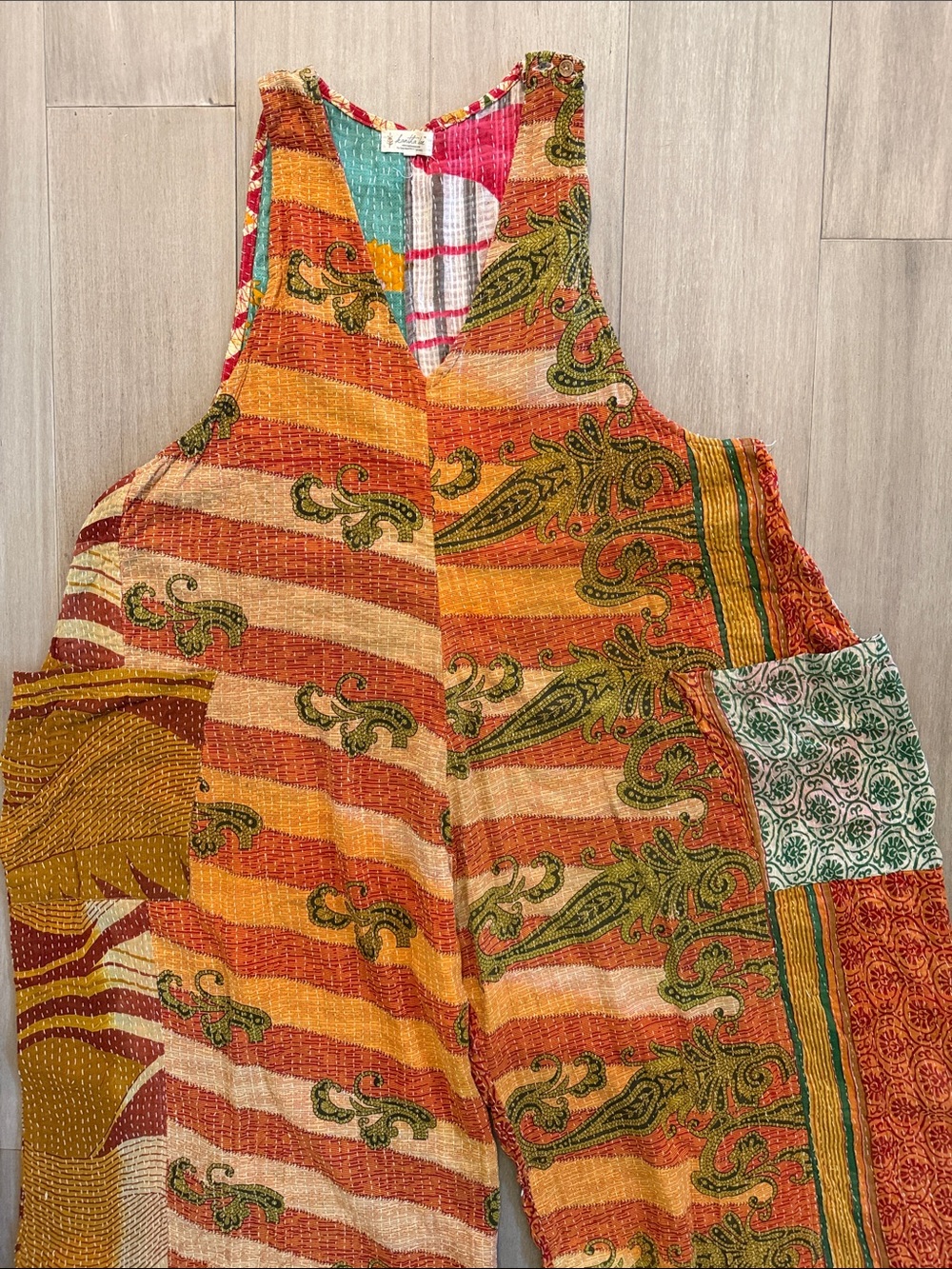Kantha Bae Patchwork Wide-Leg Jumpsuit in Orange & Green Paisley